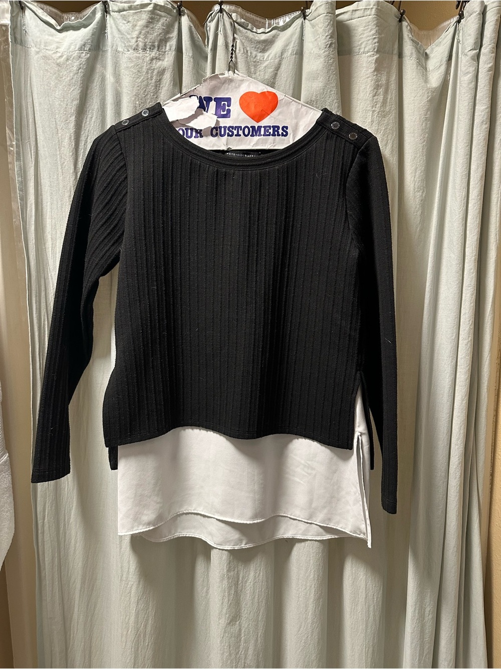 White House Black Market Black Ribbed Knit Top with White Layered Hem